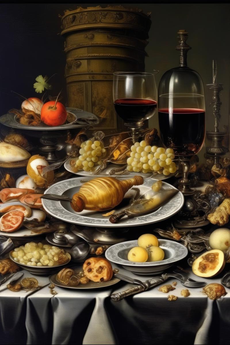 00052-627908045-_lora_Pieter Claesz Style_1_Pieter Claesz Style - A table filled with food, silverware, and wine. Dutch Golden Age，Baroque, HD，.png